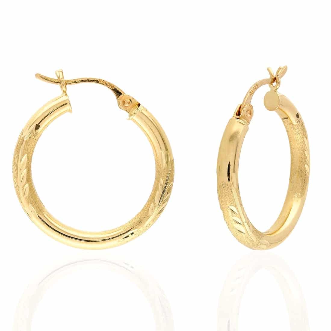 14K Solid Yellow & White Gold 3mm Diamond Cut Finish Hoop Earrings 19-75mm