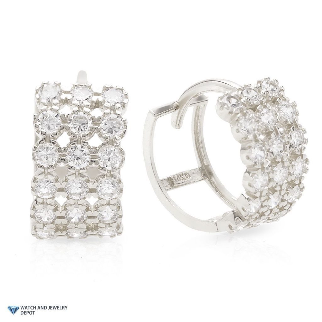 14K White Gold 1Ct CZ 3 Row Huggie Hoop Earrings 13mm