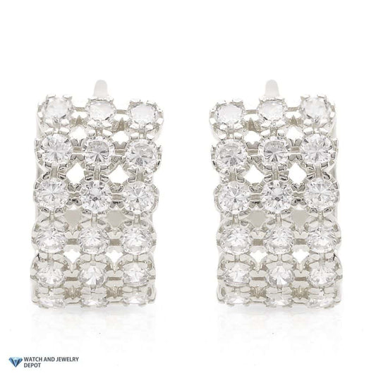 14K White Gold 1Ct CZ 3 Row Huggie Hoop Earrings 13mm