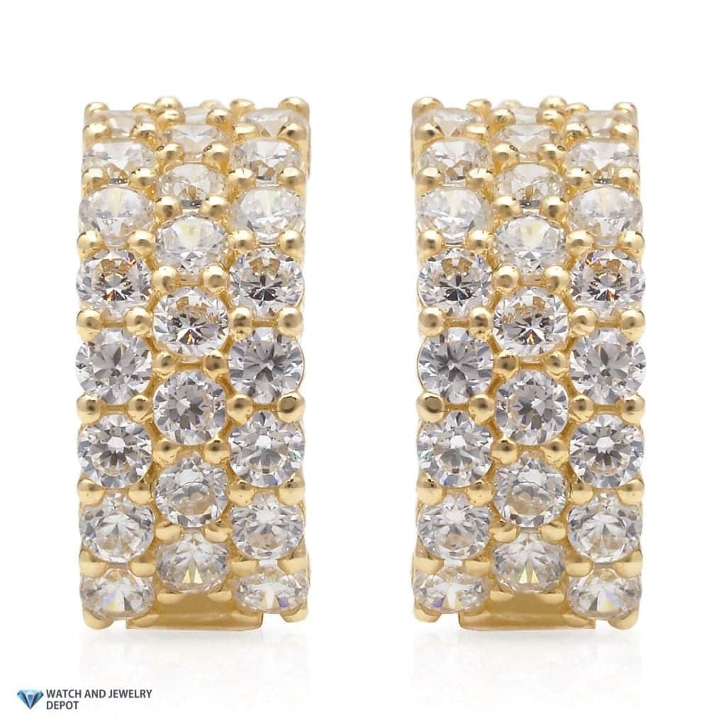 14k Yellow Gold 1Ct CZ Three Row Huggie Hoop Earrings