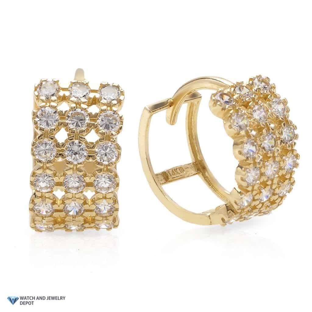 1Ct CZ 14K Yellow Gold 3 Row Huggie Hoop Earrings 0.5"