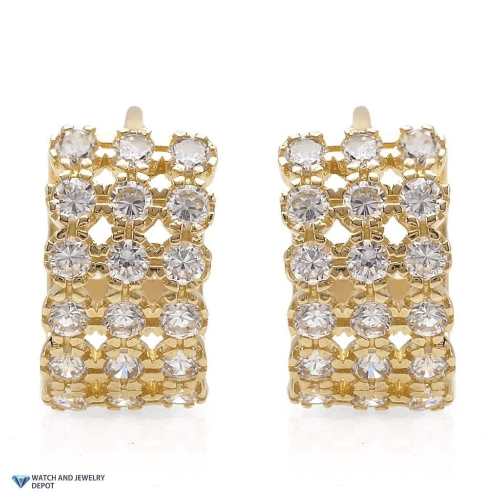 1Ct CZ 14K Yellow Gold 3 Row Huggie Hoop Earrings 0.5"