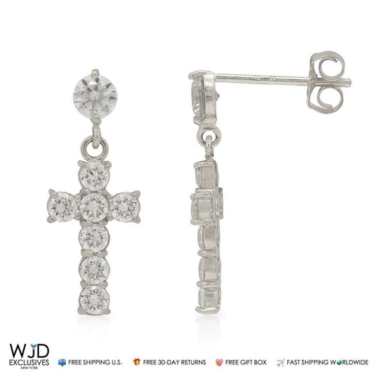 14K White Gold 1Ct CZ Cross Dangle Drop Earrings