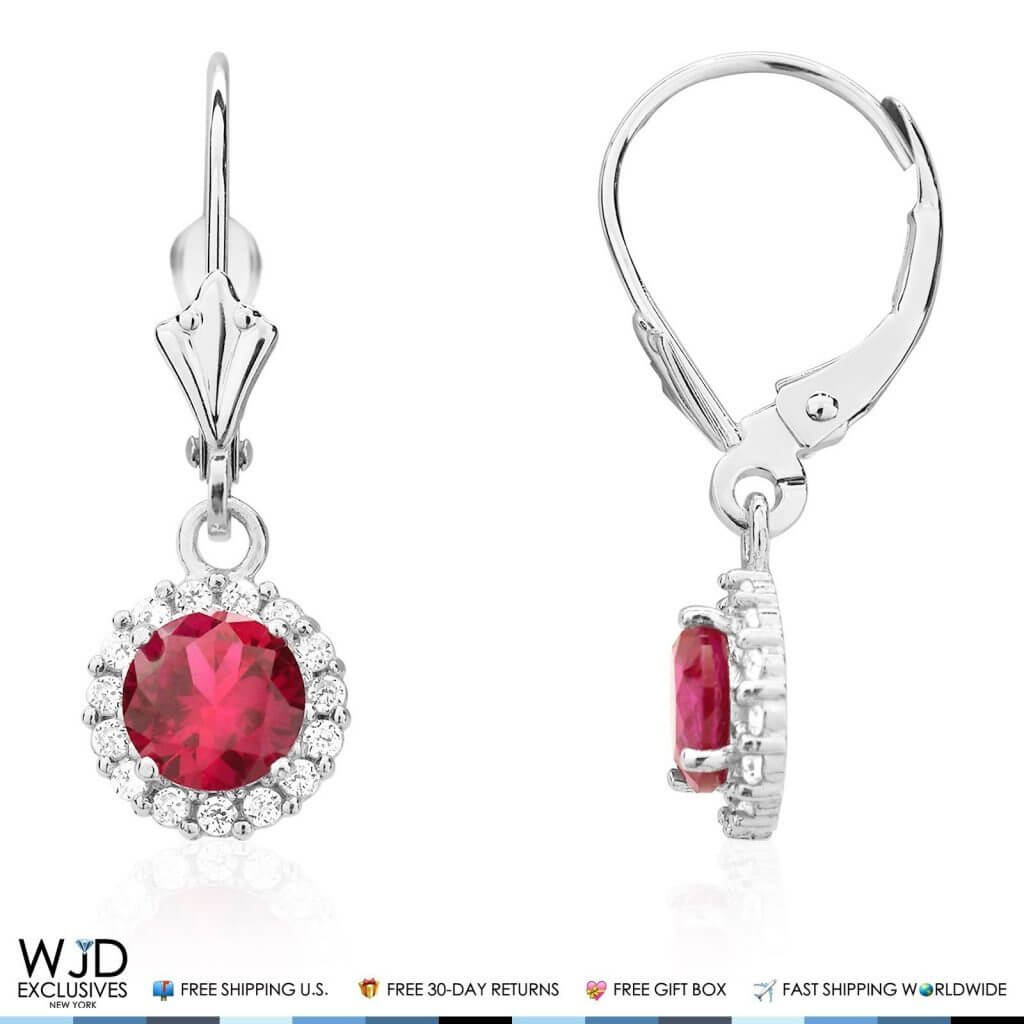 14K White Gold CZ Halo Round Birthstone Leverback Earrings