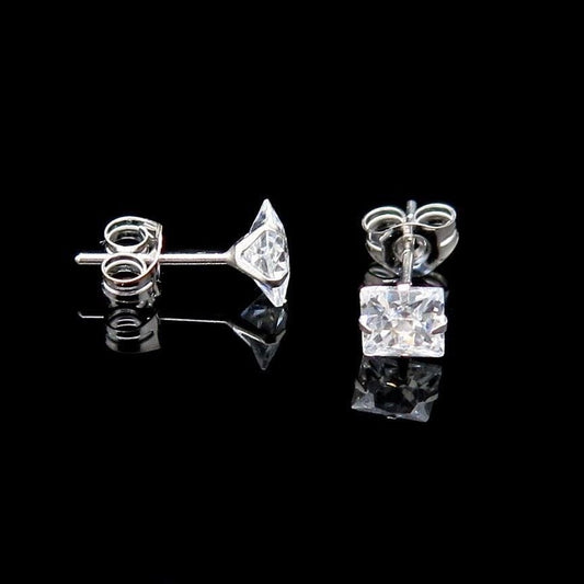 1Ct CZ 14K White Gold Princess-Cut Pushback Stud Earrings