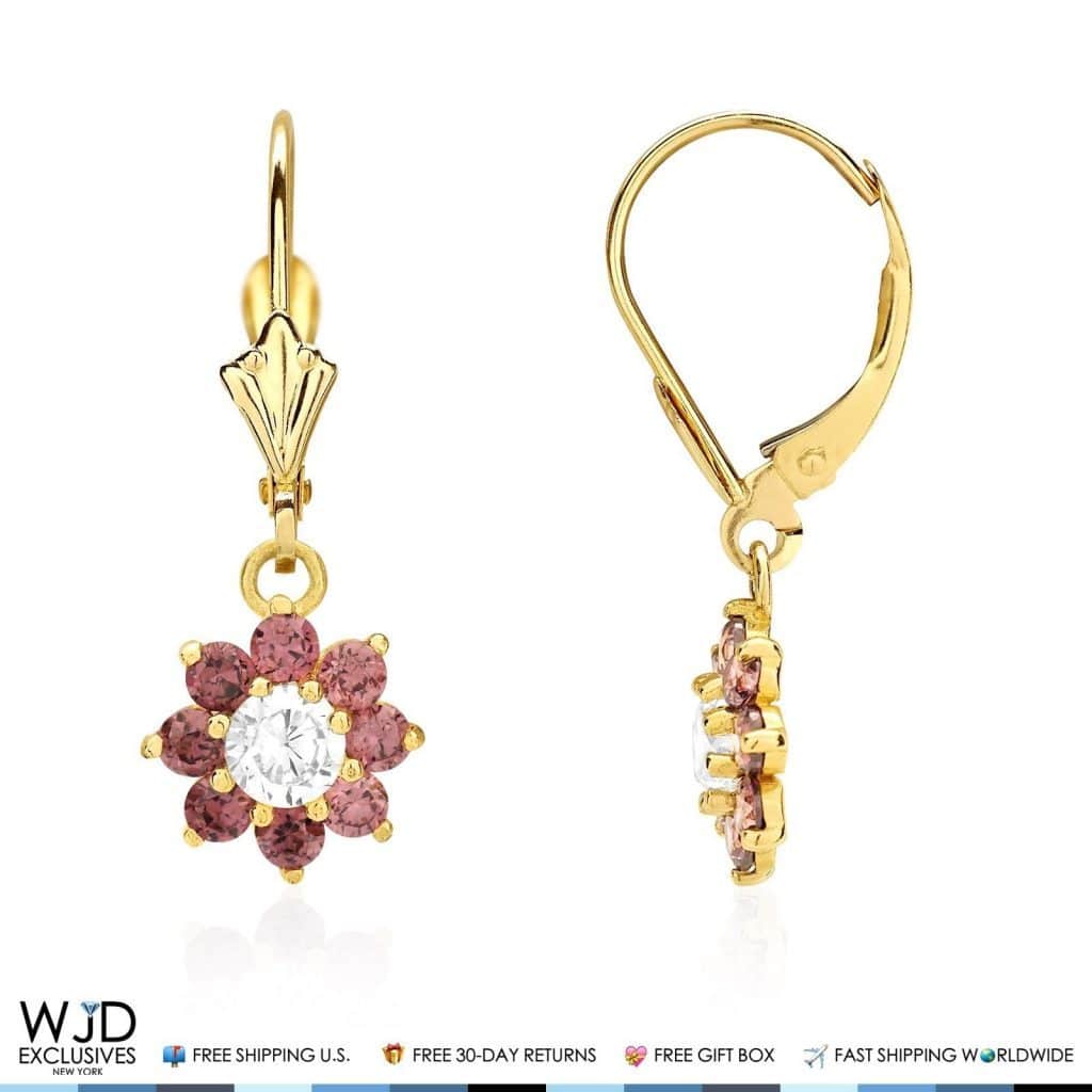 14K Yellow Gold CZ Birthstone Flower Dangle Leverback Earrings