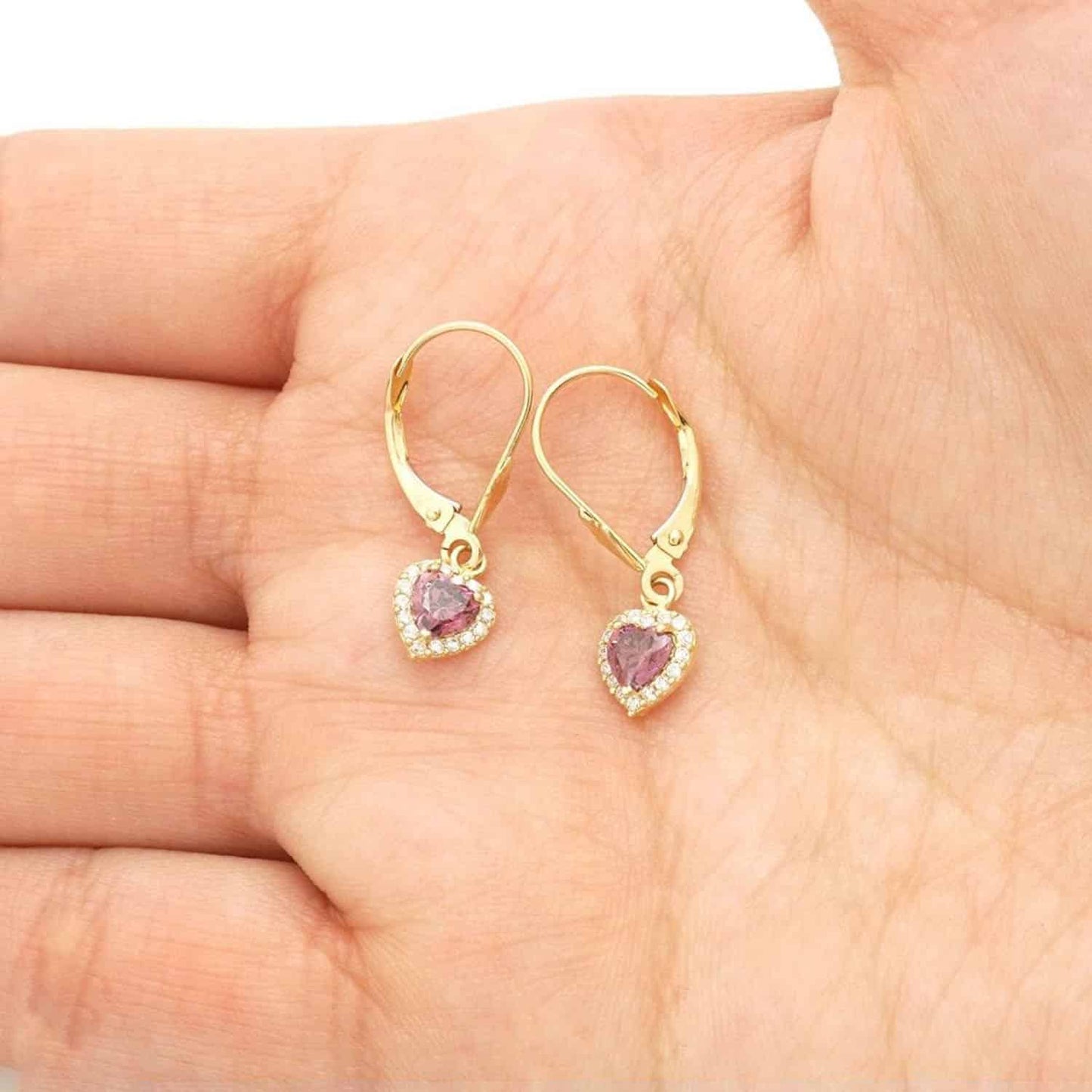 14K Yellow Gold 1Ct CZ Birthstone Heart Dangle Leverback Earrings