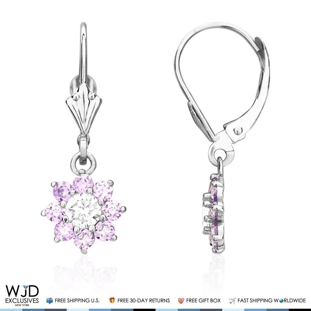 1Ct CZ Birthstone 14K White Gold Flower Dangle Leverback Earrings