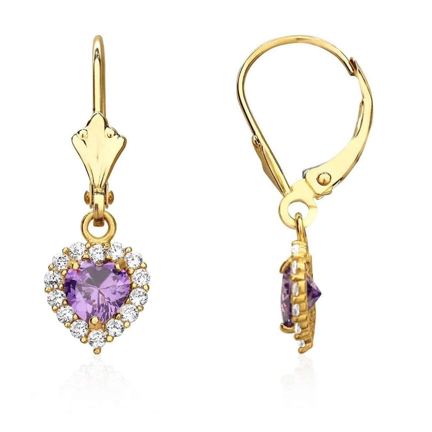 14K Yellow Gold 1Ct CZ Birthstone Heart Dangle Leverback Earrings