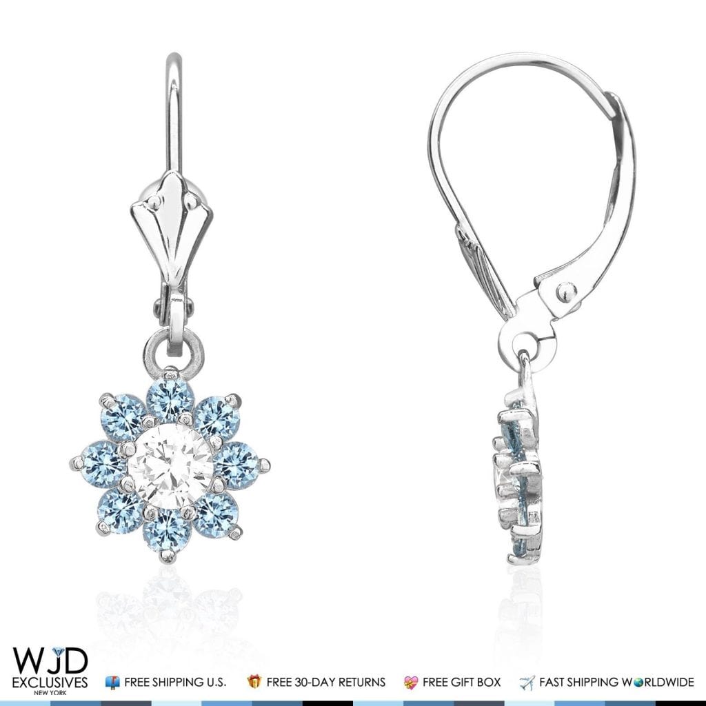 1Ct CZ Birthstone 14K White Gold Flower Dangle Leverback Earrings
