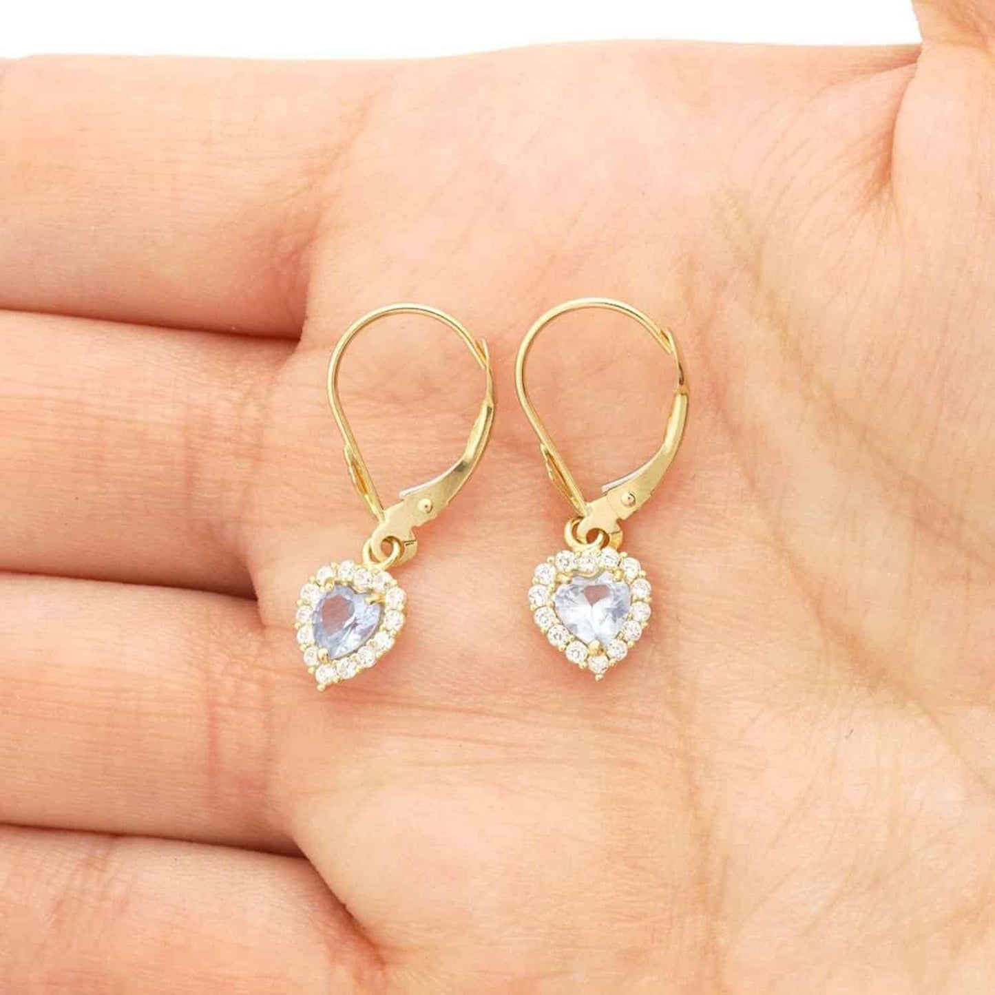 14K Yellow Gold 1Ct CZ Birthstone Heart Dangle Leverback Earrings