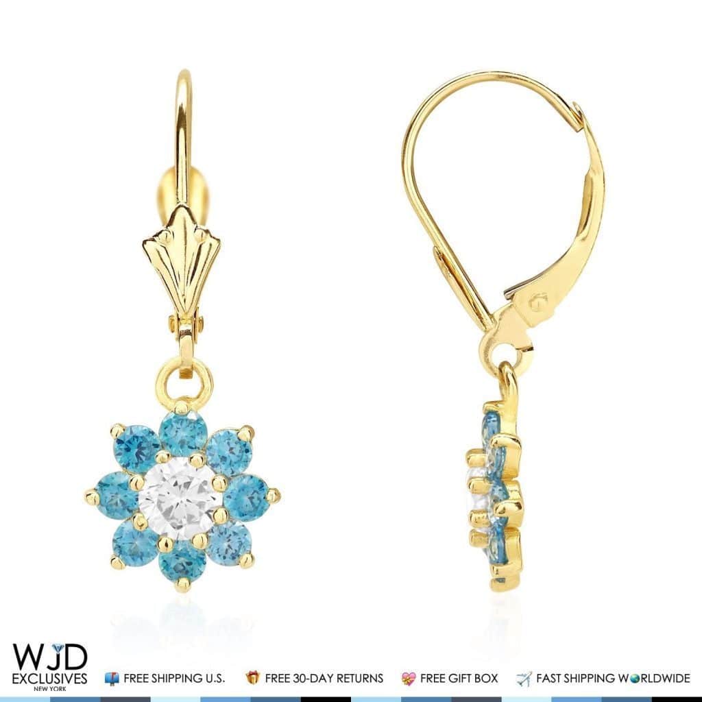 14K Yellow Gold CZ Birthstone Flower Dangle Leverback Earrings