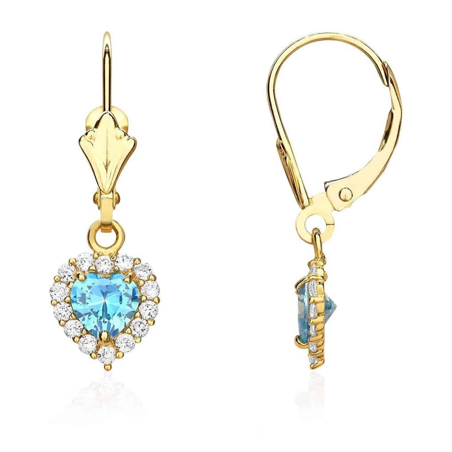 14K Yellow Gold 1Ct CZ Birthstone Heart Dangle Leverback Earrings
