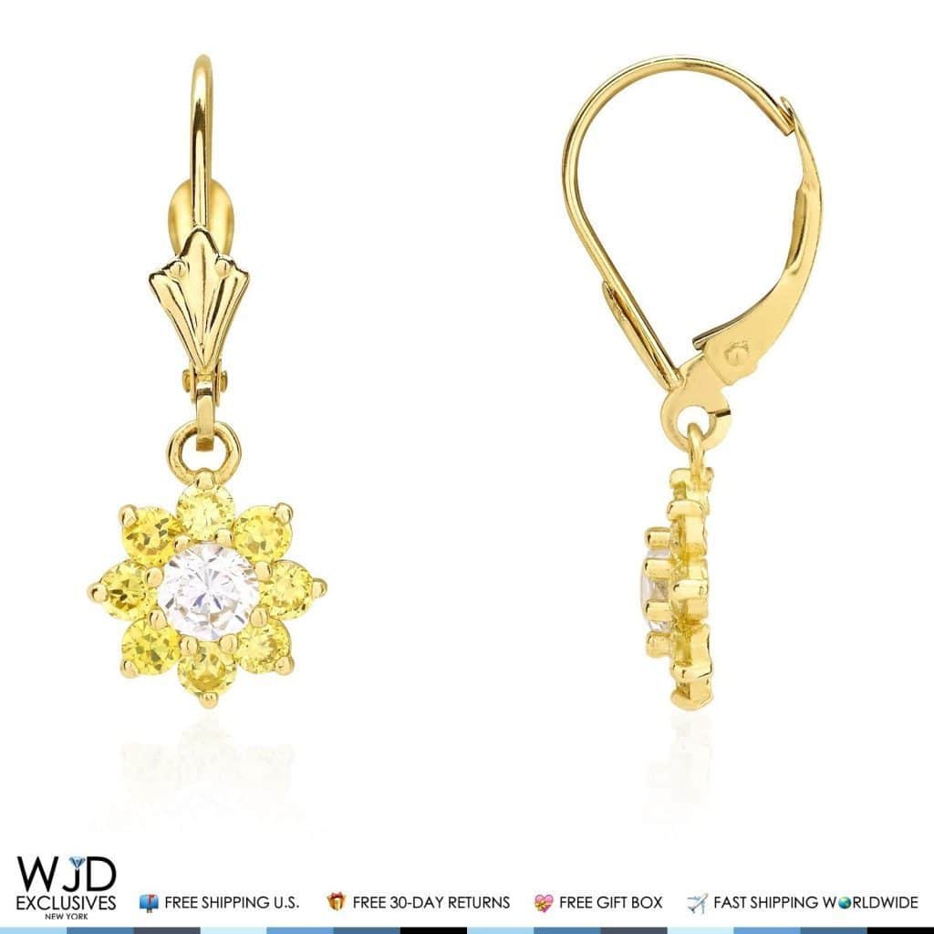 14K Yellow Gold CZ Birthstone Flower Dangle Leverback Earrings