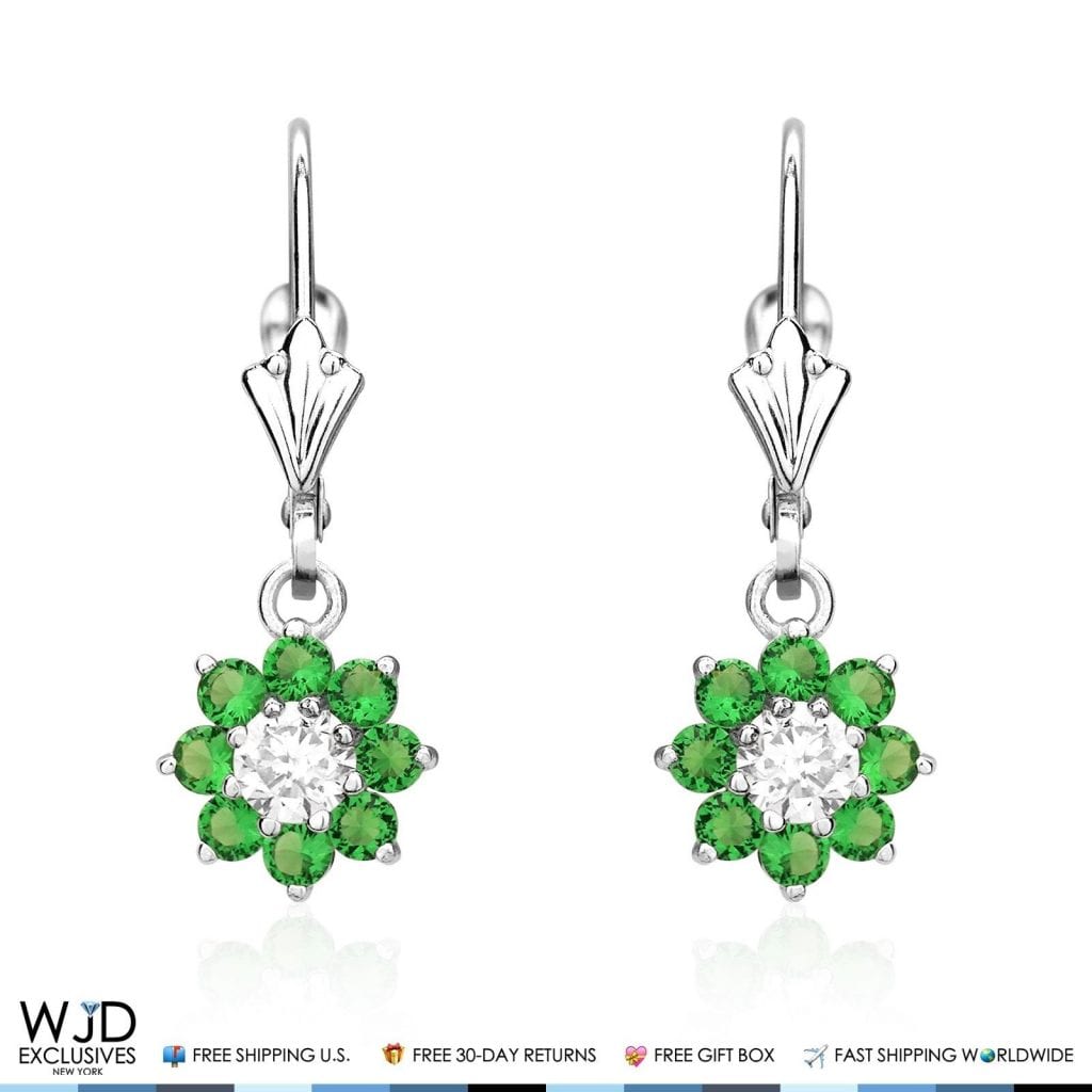 1Ct CZ Birthstone 14K White Gold Flower Dangle Leverback Earrings