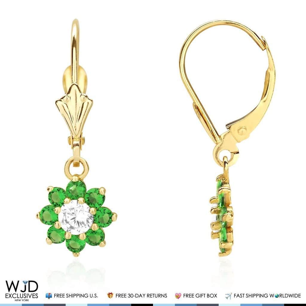 14K Yellow Gold CZ Birthstone Flower Dangle Leverback Earrings
