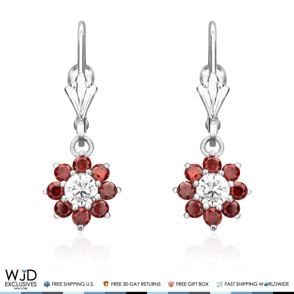1Ct CZ Birthstone 14K White Gold Flower Dangle Leverback Earrings