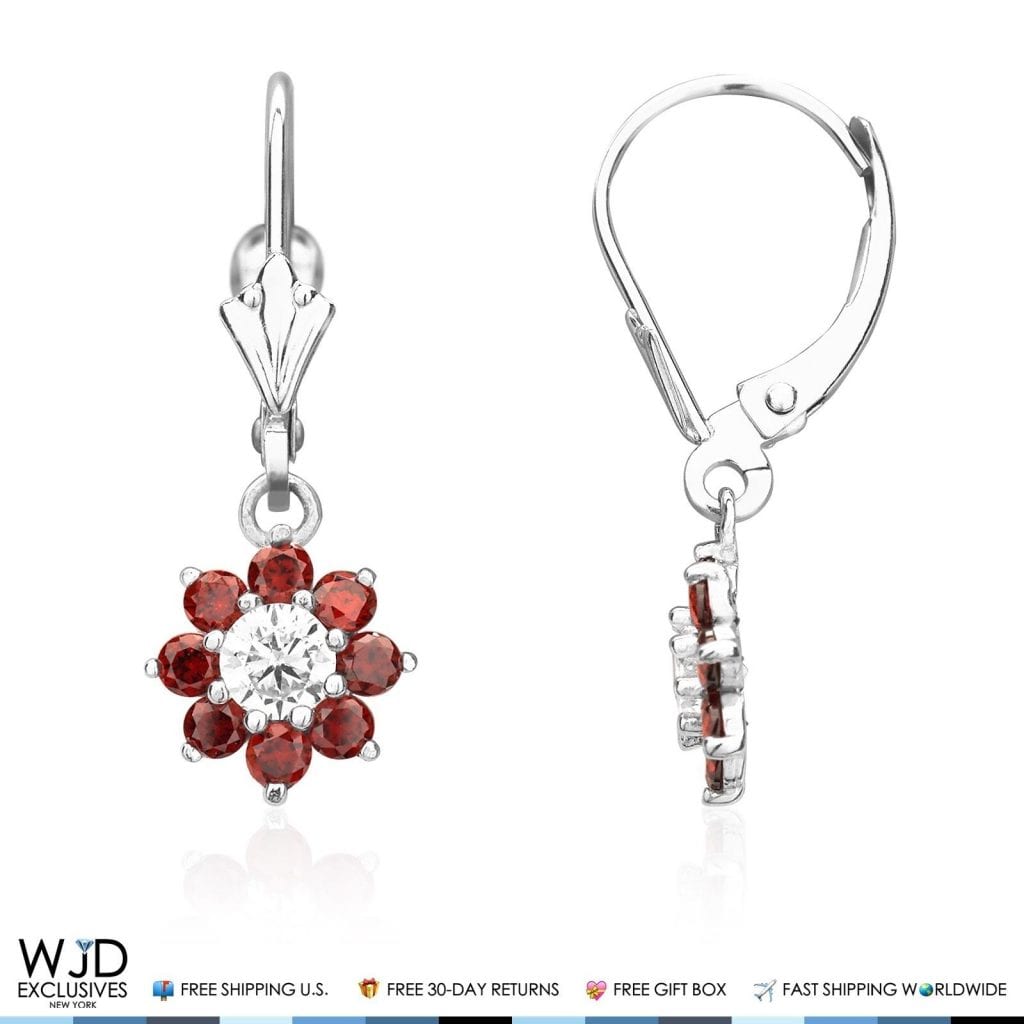 1Ct CZ Birthstone 14K White Gold Flower Dangle Leverback Earrings