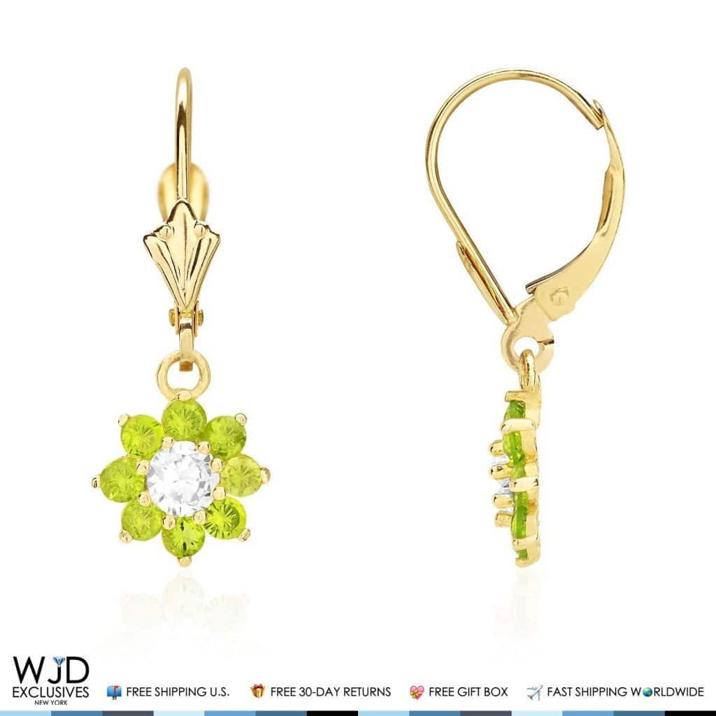 14K Yellow Gold CZ Birthstone Flower Dangle Leverback Earrings
