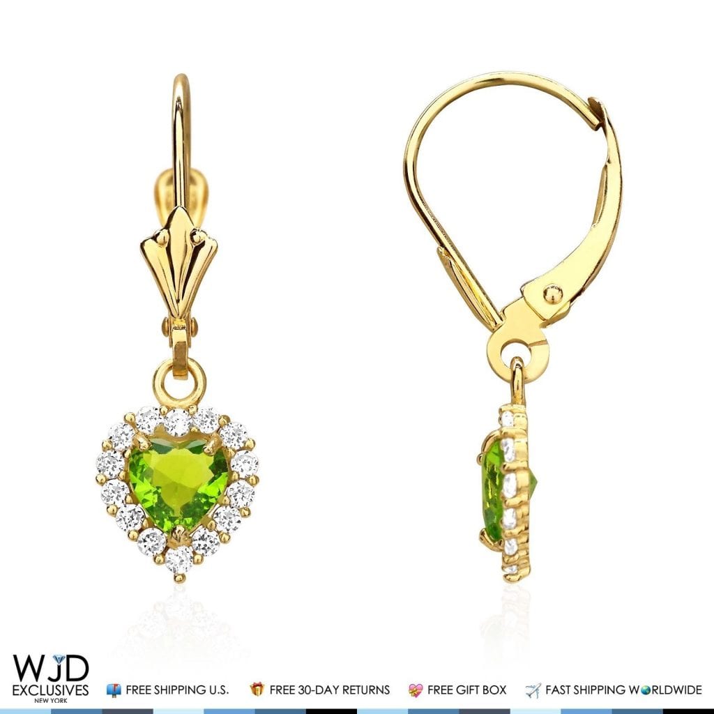 1Ct CZ Peridot Heart Dangle Leverback 14K Yellow Gold Earrings