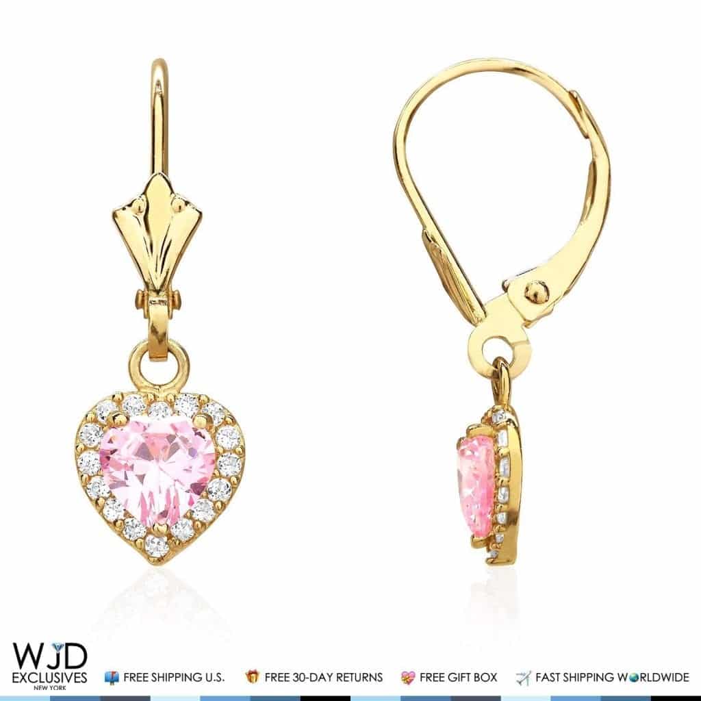 1CT CZ Pink Tourmaline Heart Dangle Leverback 14K Gold Earrings