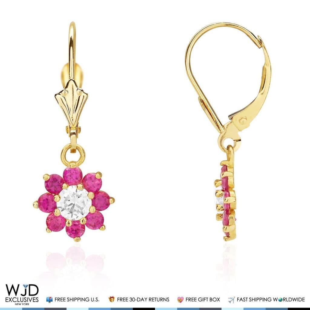 14K Yellow Gold CZ Birthstone Flower Dangle Leverback Earrings