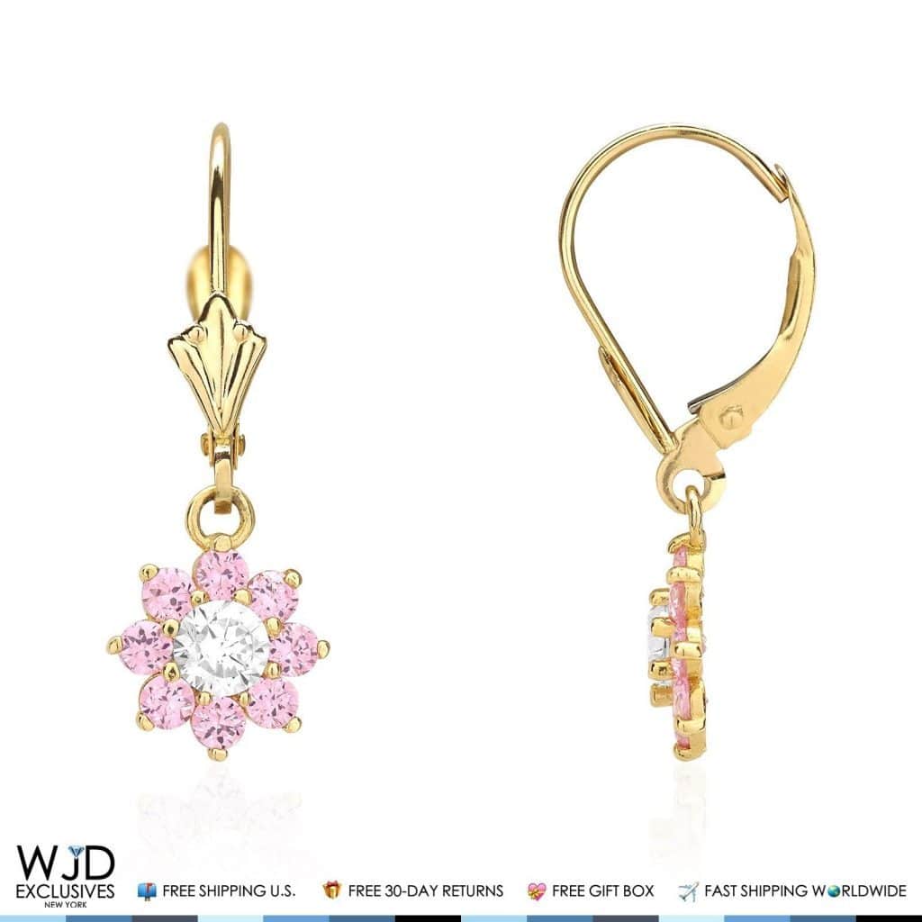 14K Yellow Gold CZ Birthstone Flower Dangle Leverback Earrings