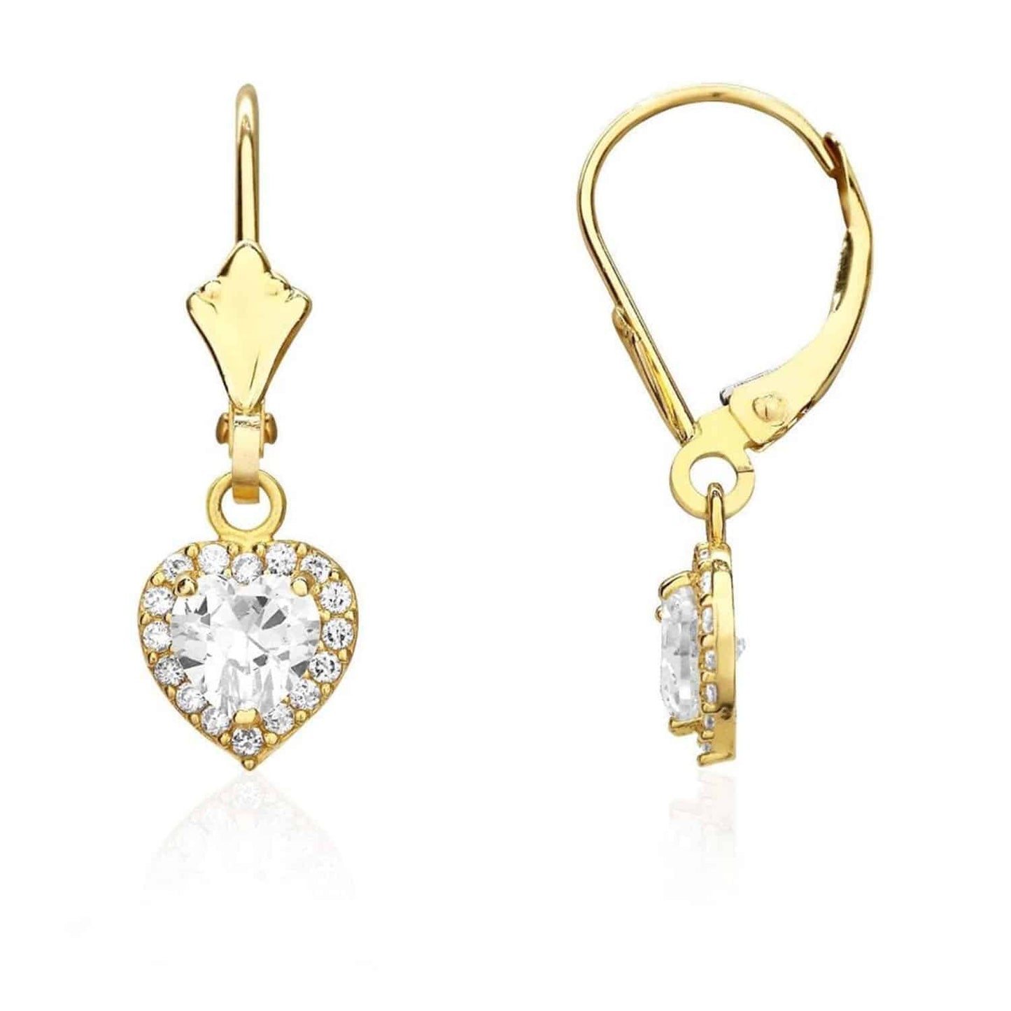 14K Yellow Gold 1Ct CZ Birthstone Heart Dangle Leverback Earrings