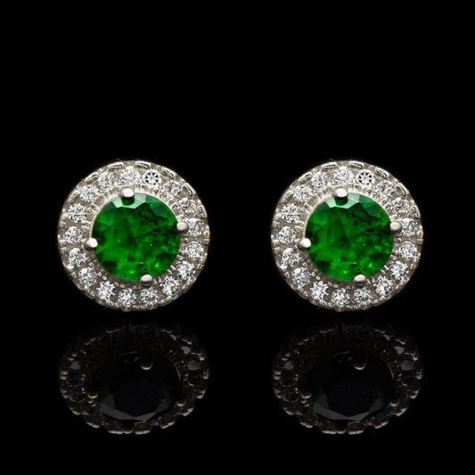 1Ct Emerald Round CZ Halo Stud Earrings 14K White Gold