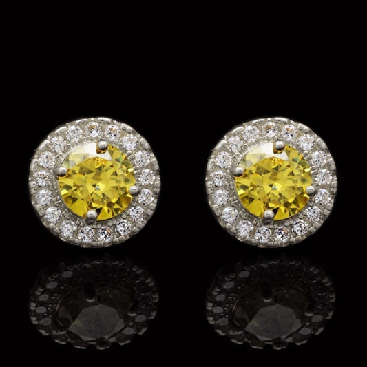 1CTW CZ Round & Citrine 14K White Gold Halo Stud Earrings