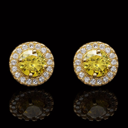 14K Yellow Gold 1Ct Round CZ Citrine Halo Stud Earrings