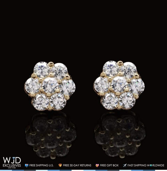 1Ct Round CZ 14K Yellow Gold Flower Cluster Stud Earrings 7mm
