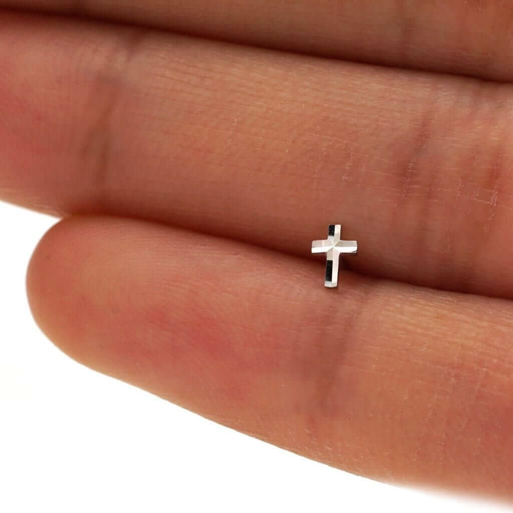 14K White Gold Diamond-Cut Cross Nose Bone Stud Ring 20G