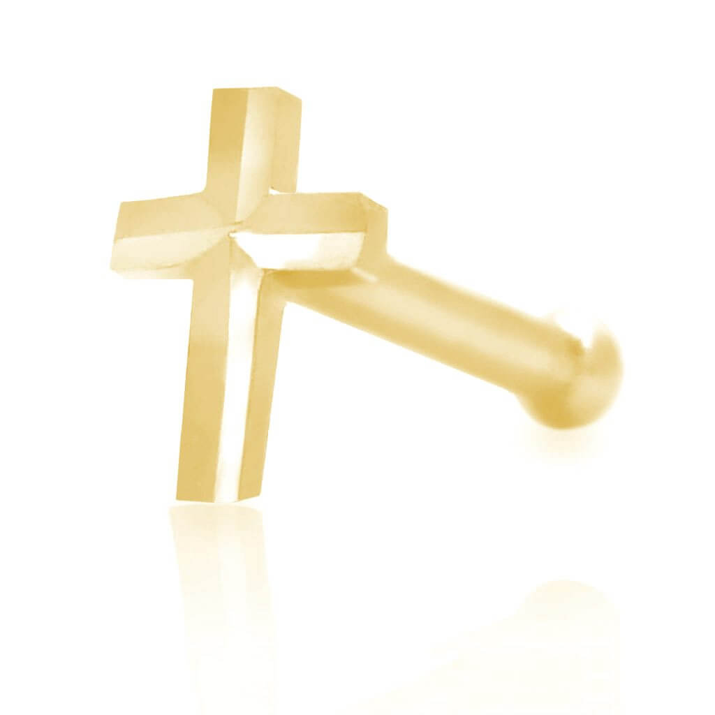 14K White Gold Diamond-Cut Cross Nose Bone Stud Ring 20G