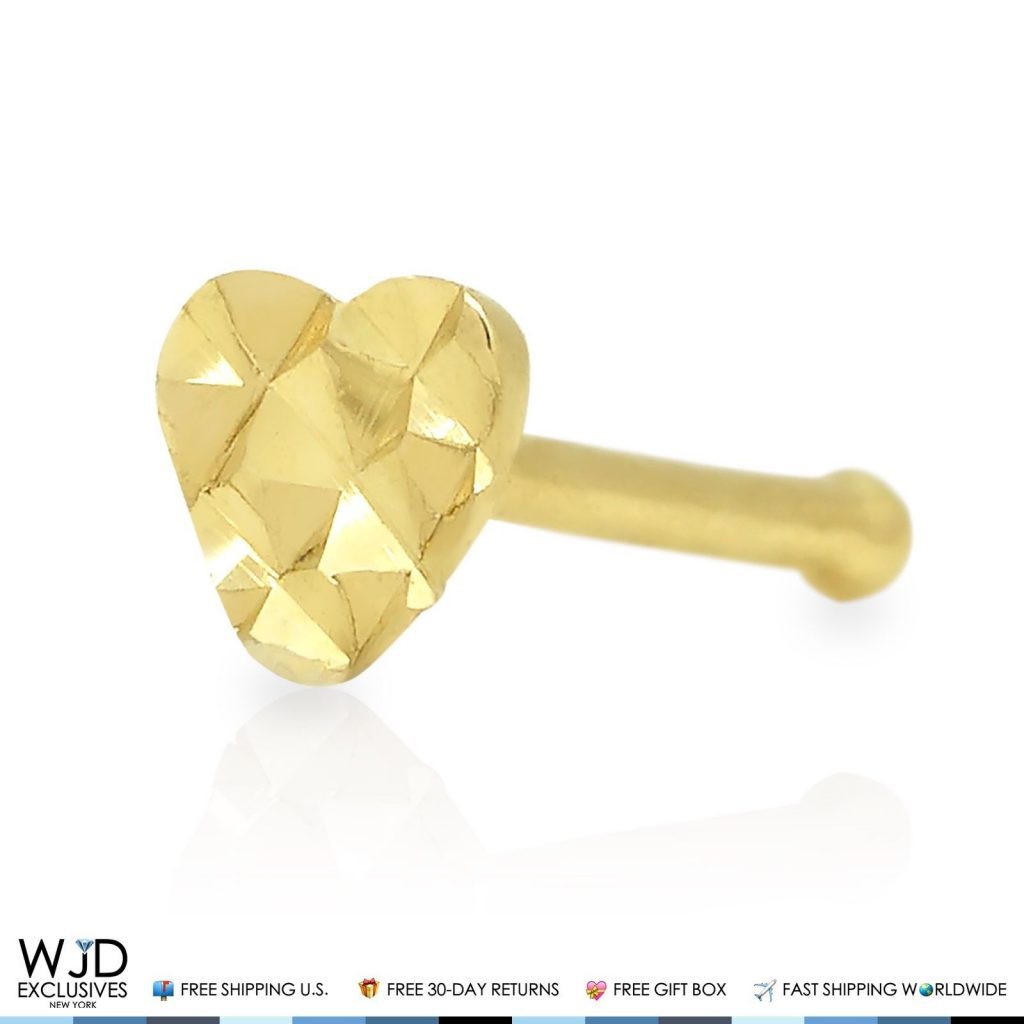 14K Real Gold Diamond-Cut Heart Stud Bone 8mm Nose Ring