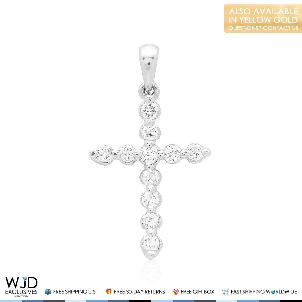 0.60Ct Real Diamond 14K White Gold Cross Pendant Religious