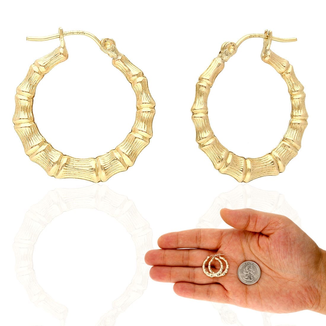 10K Yellow Gold Bamboo Hoop Earrings 17-85mm