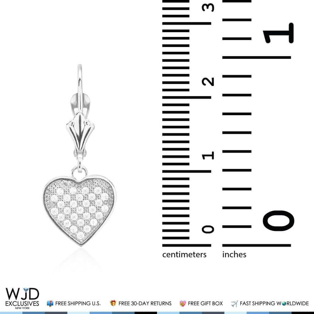 2Ct CZ Pave Set Heart Dangle Leverback Earrings 14K White Gold 1"