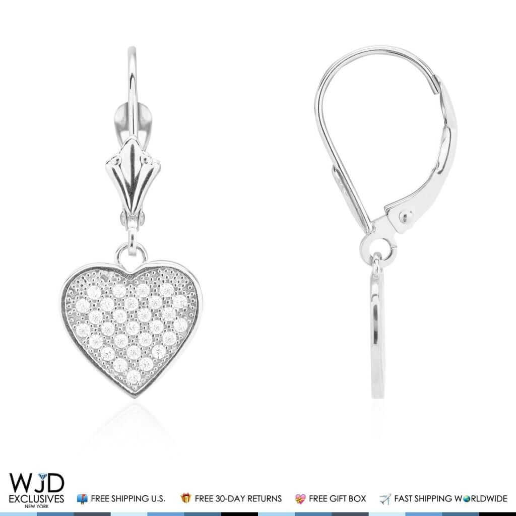 2Ct CZ Pave Set Heart Dangle Leverback Earrings 14K White Gold 1"