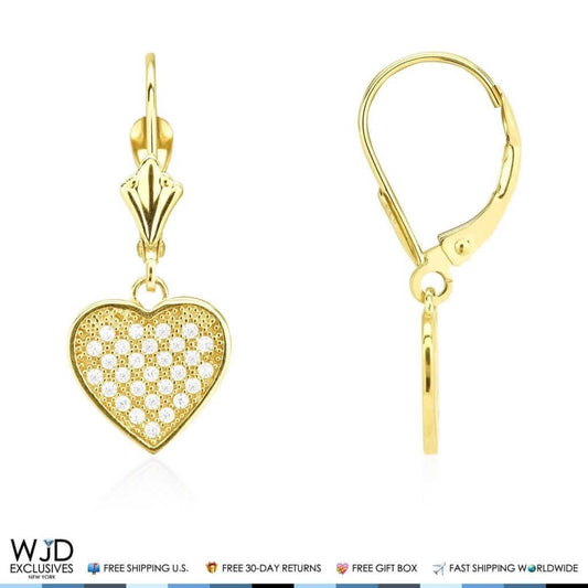 2Ct CZ Pave Set 14K Yellow Gold Heart Dangle Leverback Earrings