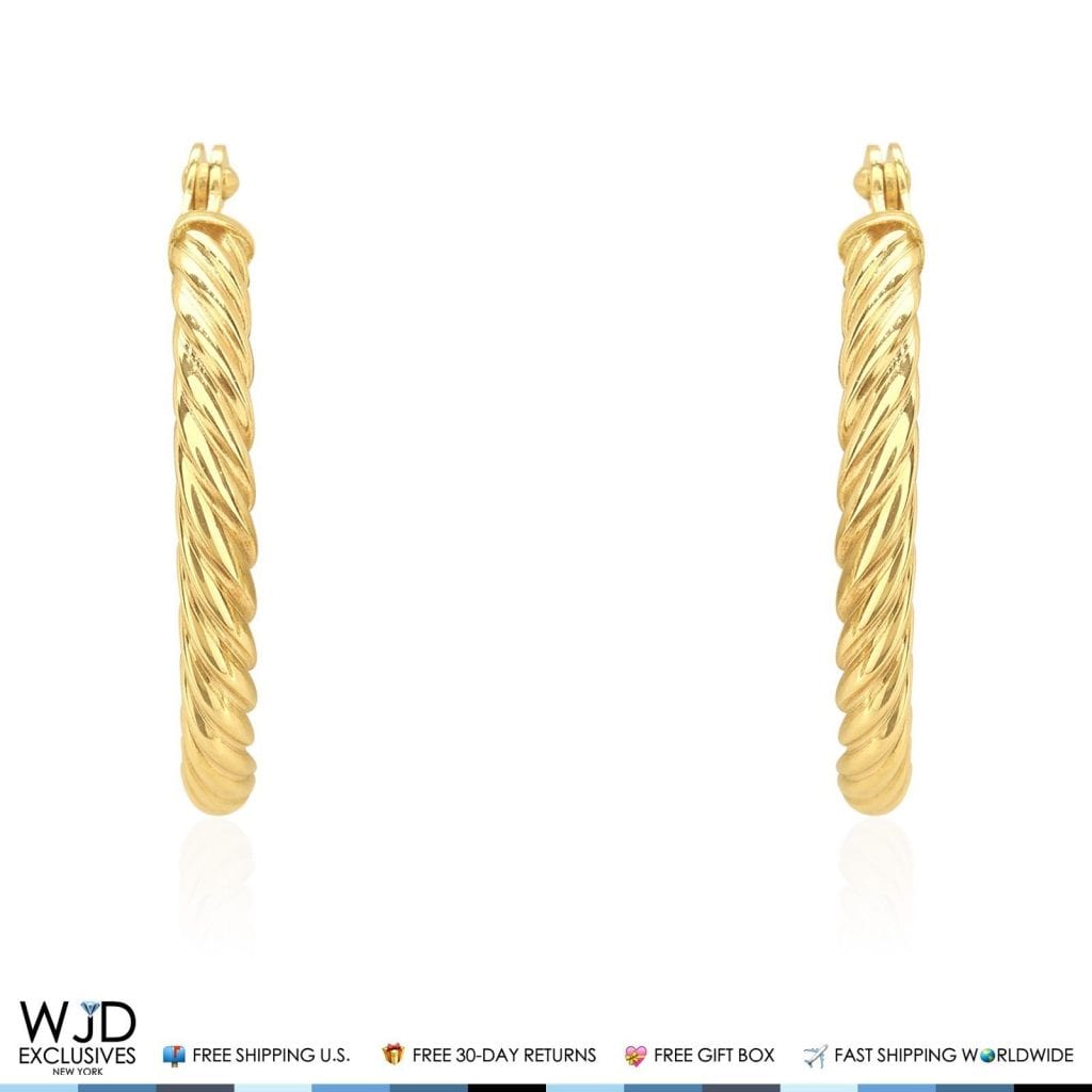 Real 14K Gold 2mm Snap Closure Twisted Rope Style Hoop Earrings
