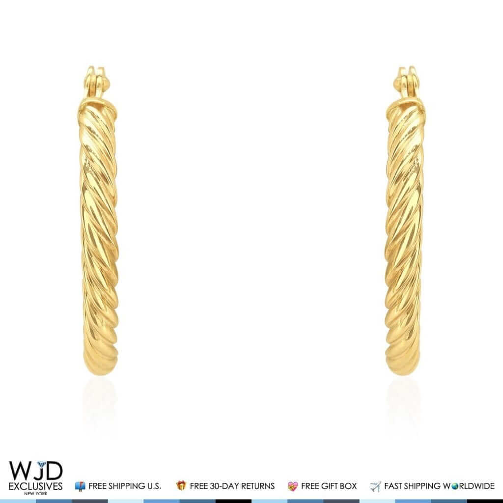Real 14K Gold 2mm Snap Closure Twisted Rope Style Hoop Earrings