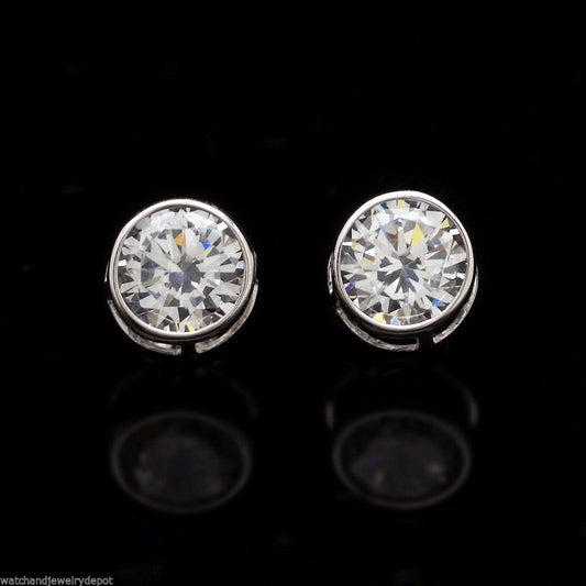 2CTW CZ 14k White Gold Bezel Round Screw Back Stud Earrings 6mm