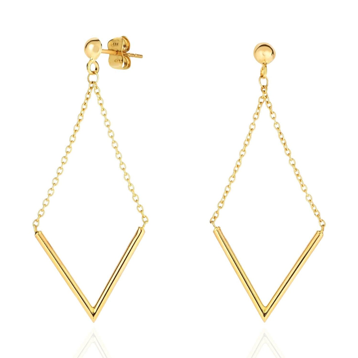 14K Yellow Gold Shiny "V" Shape Hanging On Cable Diamond Type Drop Earrings