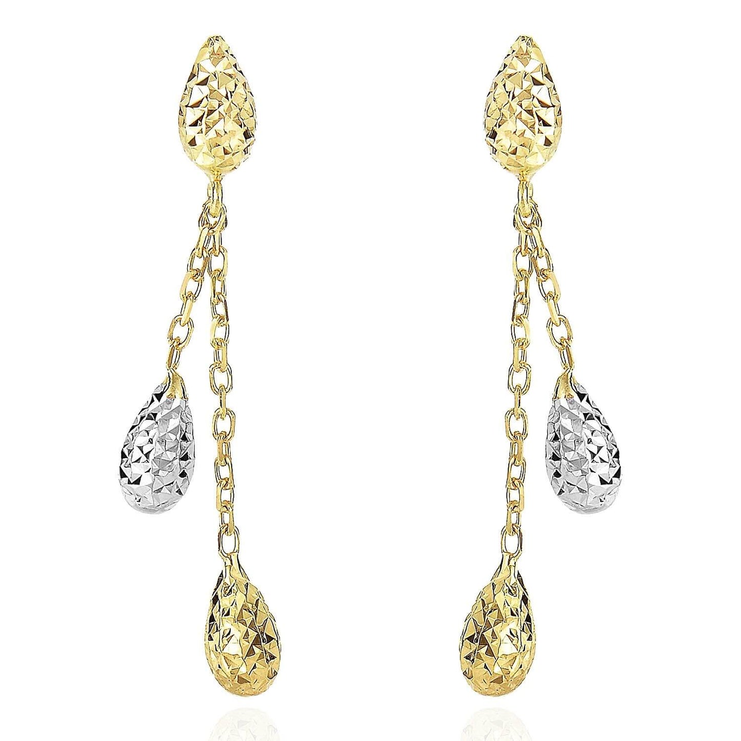14K Yellow White Gold Puffed Diamond-Cut Teardrop Drop Push Back Earrings