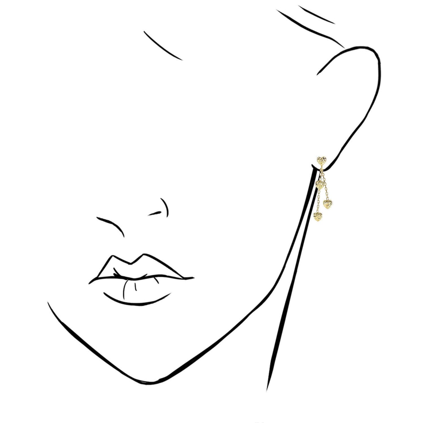 14K Yellow Gold Diamond Cut 3-Puffed Heart On Cable Strand Drop Earrings