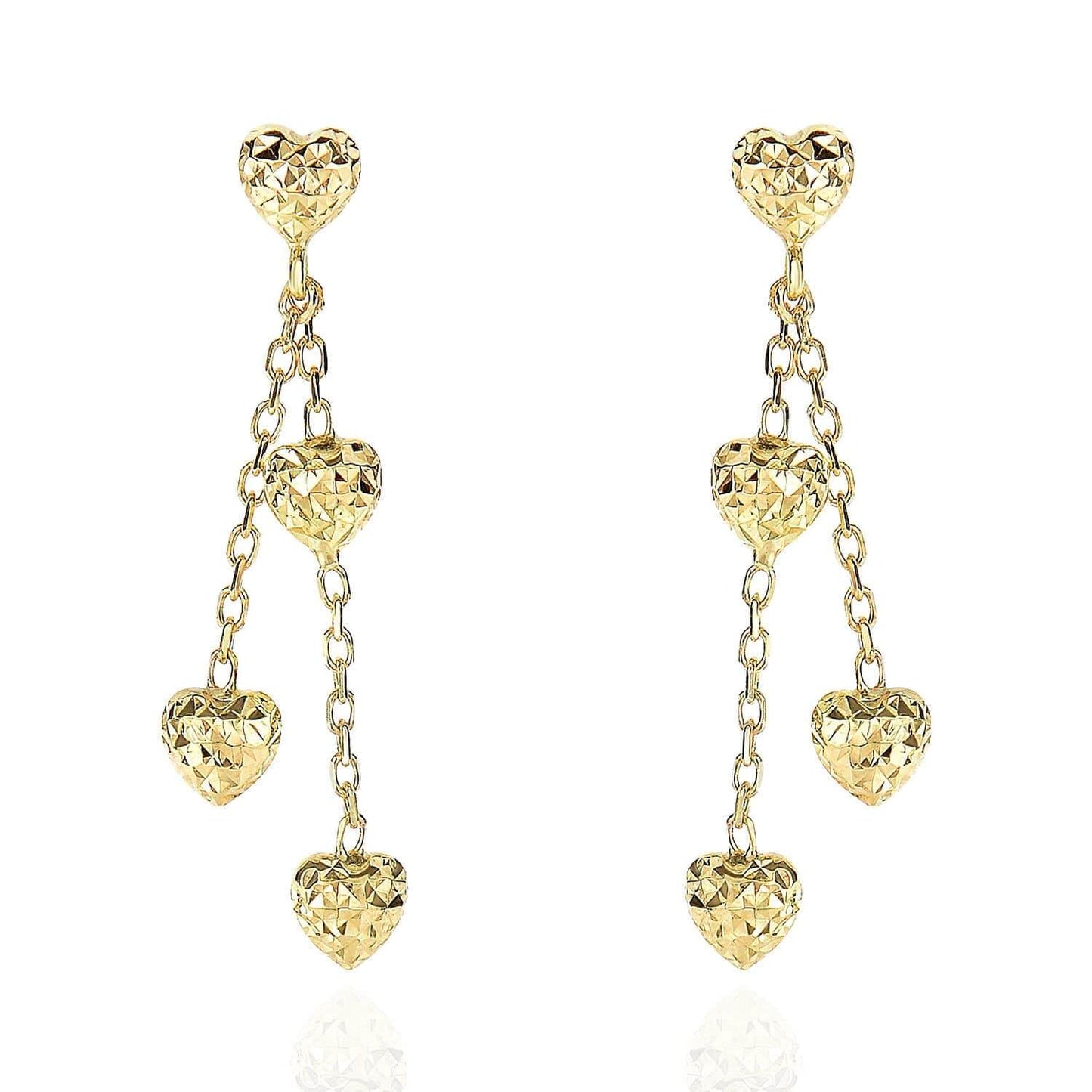 14K Yellow Gold Diamond Cut 3-Puffed Heart On Cable Strand Drop Earrings