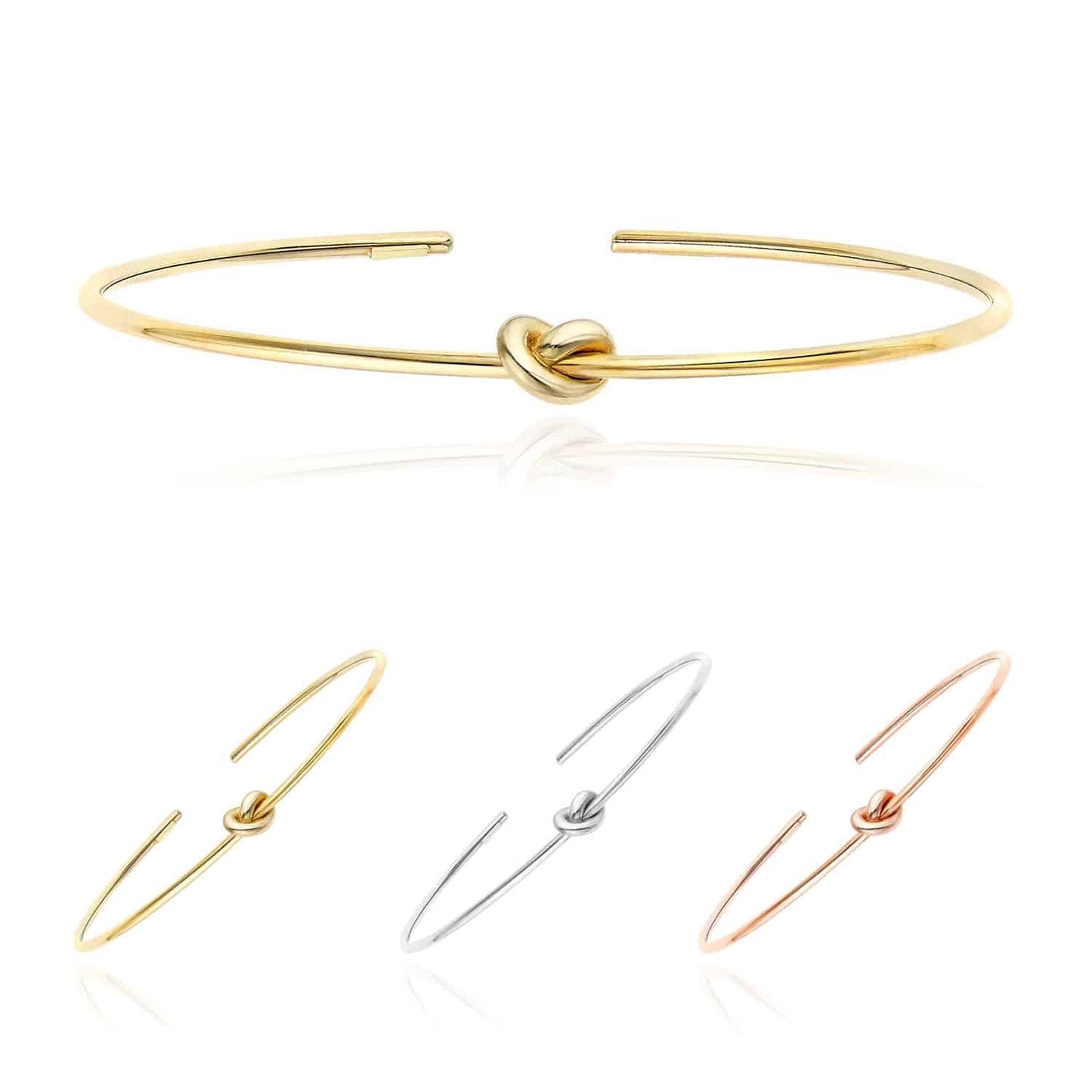 14K Yellow Gold White Rose 5.5mm Love Knot Cuff Bangle 6.5"