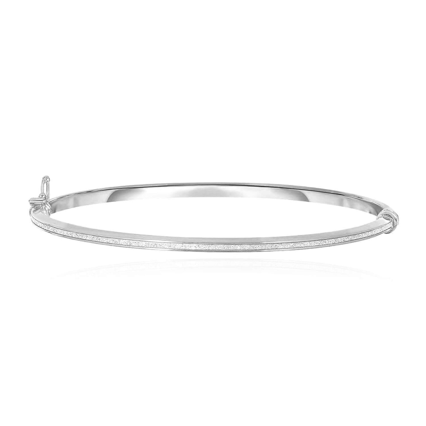 14K Yellow Gold Rose White 3mm White Glitter Stripe Shiny Bangle With Side Clasp 7.25"