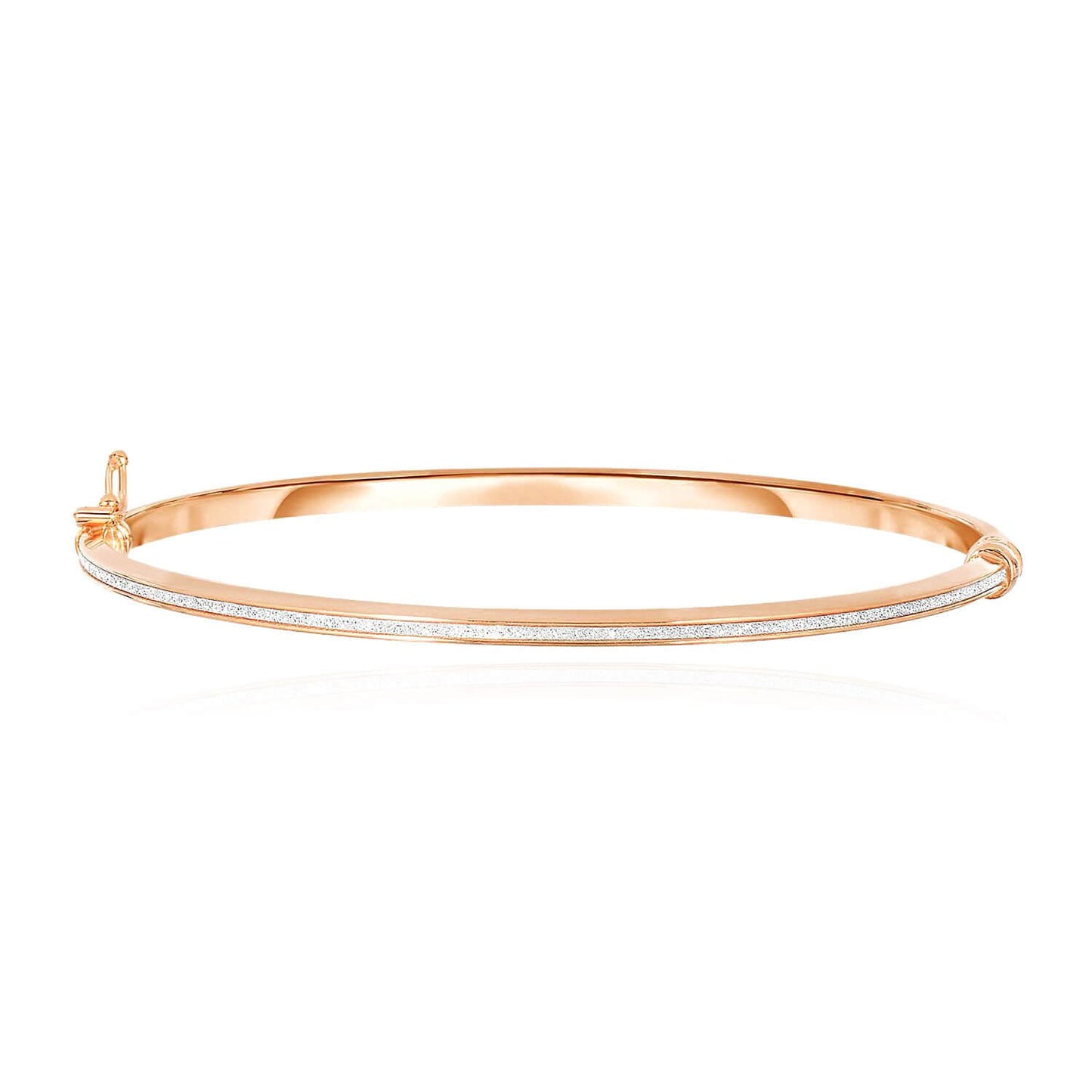 14K Yellow Gold Rose White 3mm White Glitter Stripe Shiny Bangle With Side Clasp 7.25"